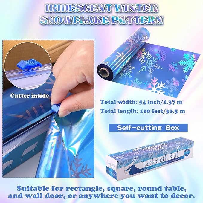 Kochorie 100 Ft x 54 Inch Iridescent Winter Snowflake Tablecloth Roll