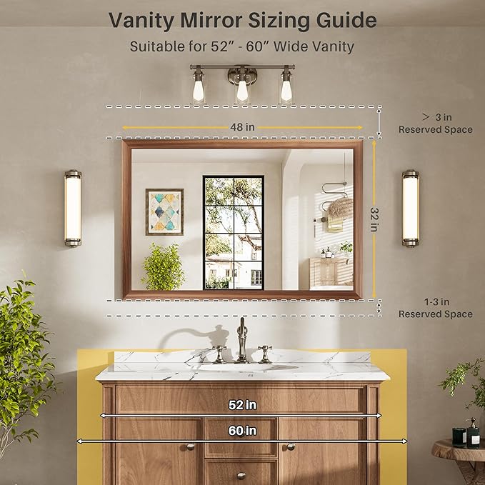 48x32 Inch Bathroom Mirror for Wall, Anti-Rust Walnut Wood Grain Metal Framed