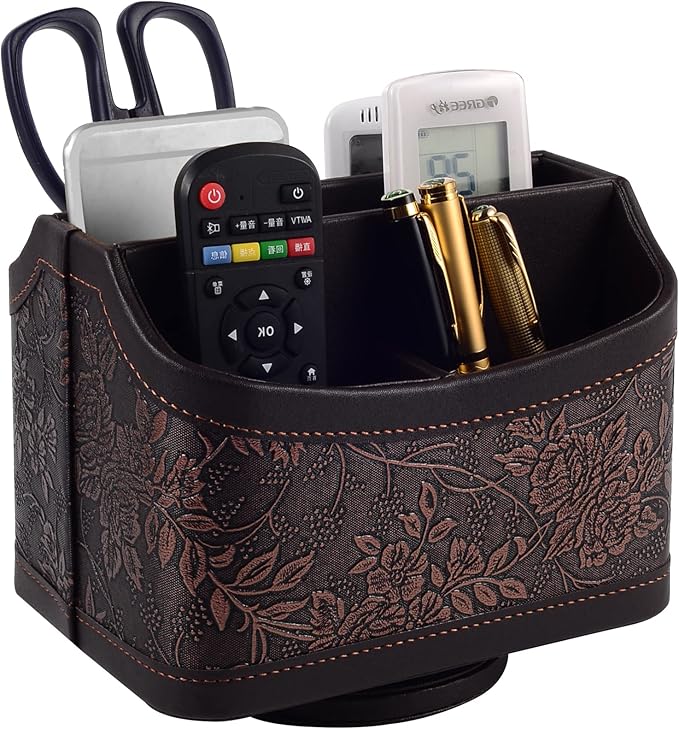 Antique Leather Remote Control Holder 360 Degree Spinning,Desk Rotating Organizer/Caddy for TV Remote Controllers,Pen,Calculator Media Player,DVD,Office Supplies,Mobile Phone Storage Box (Retro)