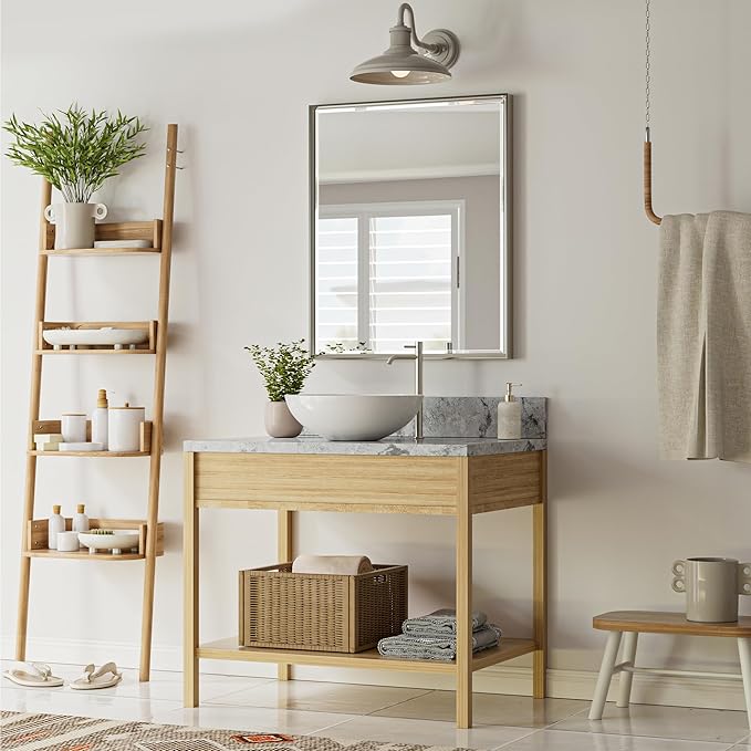 Brushed Nickel Bathroom Mirror, 30x36 Inch Beveled Framed Bathroom Mirror