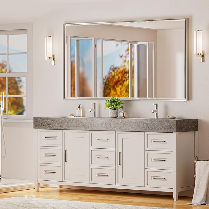 60 x 36 Brushed Nickel Bathroom Mirror, Beveled Framed Rectangle