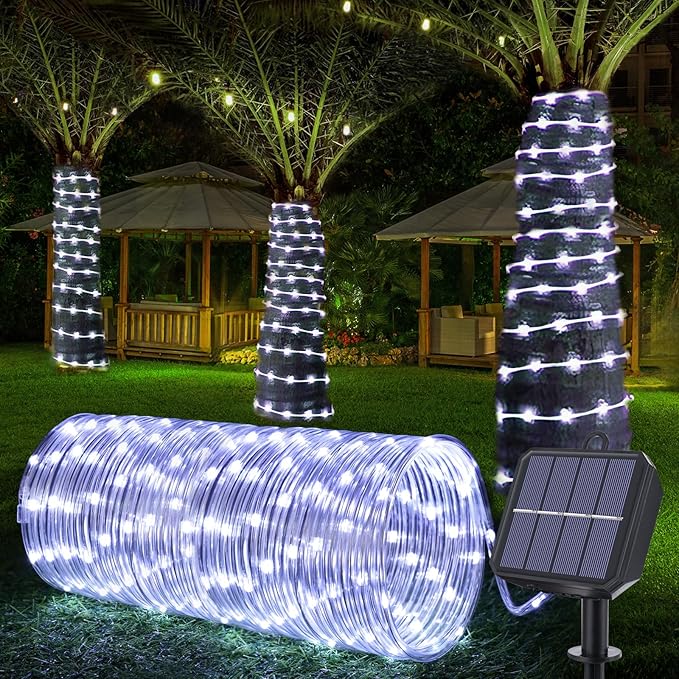 Solar Rope Lights, 33ft 100LED Solar String Lights, 8 Modes Waterproof Solar Powered Outdoor Light, Flexible Clear Tube Light for Garden, Backyard, Patio, Deck, Porch, Pool, Tree Decorative - White