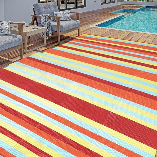 HUGEAR Outdoor Waterproof Rug 8'x10' Plastic Straw Rugs Washable Reversible Floor Mat Rainbow Stripe Carpet for Camping RV Deck Entryance Porch Picnic Balcony Beach Backyard
