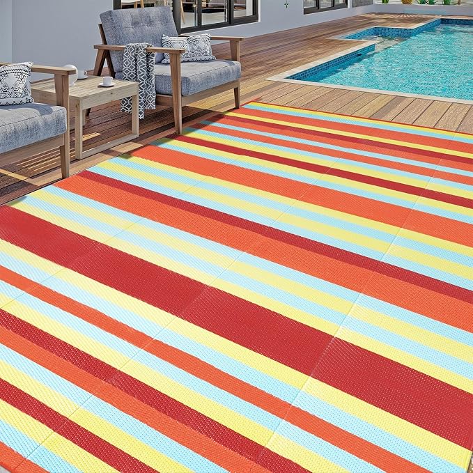 HUGEAR Outdoor Waterproof Rug 9'x12' Plastic Straw Rugs Washable Reversible Floor Mat Rainbow Stripe Carpet for Camping RV Deck Entryance Porch Picnic Balcony Beach Backyard