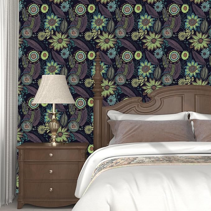 Vintage Boho Wallpaper Peel and Stick, Dark Purple/Green Gothic Floral Contact