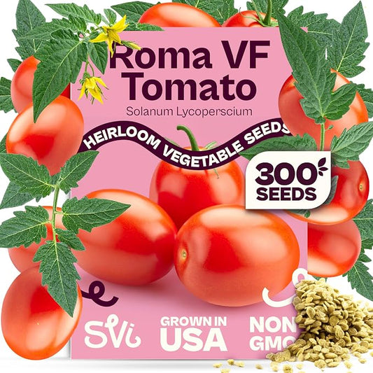 SVI 300 VF Roma Tomato Seeds (Solanum lycoperscium) â Italian Plum Tomato Paste Seed Packets, Determinate Roma Tomatoes â Non GMO Heirloom Vegetable Seeds for Gardens, Raised Beds, Containers