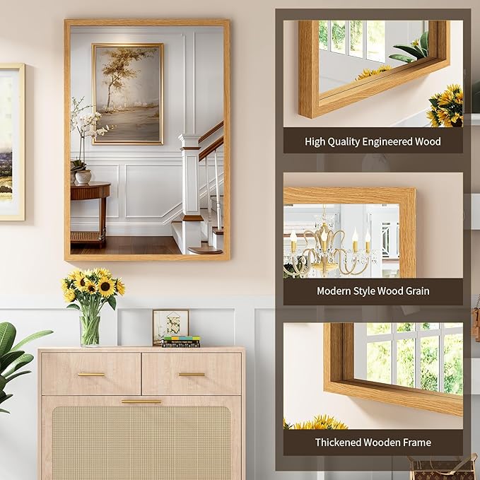 Syndra Natural Wood Frame Bathroom Mirror, 24x36'' Modern Vanity Mirror