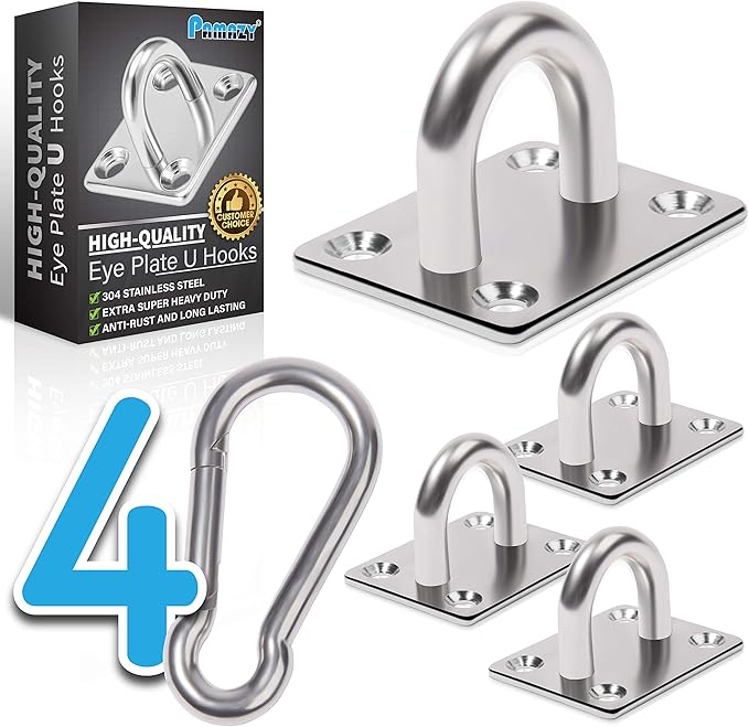 PAMAZY 4 PCS M6 Premium Heavy Duty Square Stainless Steel Pad Eye Hooks + 4PCS