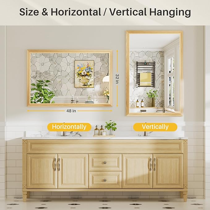 48x32 Inch Bathroom Mirror for Wall, Anti-Rust Oak Wood Grain Metal Framed