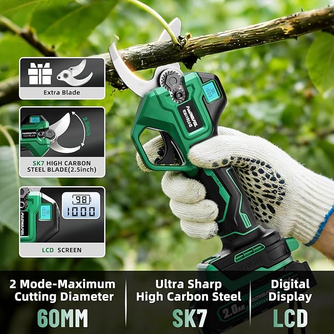 2.5“/64mm Electric Pruning Shears, Upgraded Cordless Electric Scissors, with Brushless Motor | Dual 2.0Ah Battery | Sk7 Blade | LCD Display for Heavy-Duty Garden, Orchard & Branch Cutter