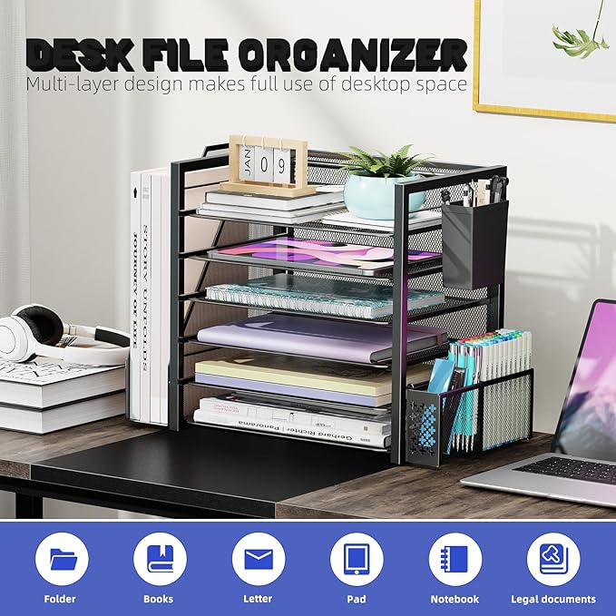 Simple Trending 6 Tier Desk File Organizer, Paper Letter Tray Organizer with File Holder and Pen Container, Black