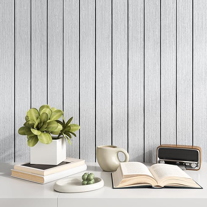 VEELIKE Light Grey Wood Wall Panels Peel and Stick Wood Slat Wall Panel