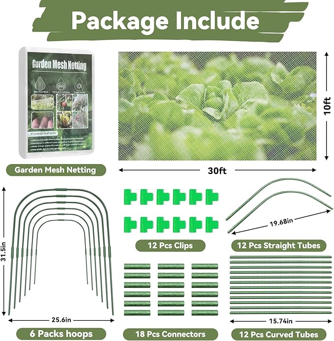 Garden Mesh Netting Kit for Raised Beds, 10 * 30FT Ultra Fine Plant Netting Covers with 6 Pcs Wide Garden Hoops & 12 Clips, Row Cover Net Protect Greenhouse Fruit Vegetable Flowers from Birds Bugs