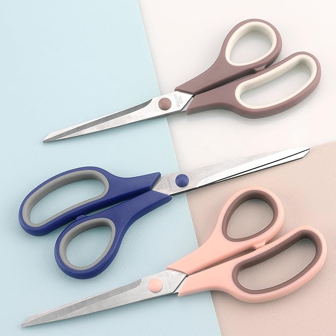 Scissors 8.5 Inch scissors all purpose Bulk Set of 3, Scissors for Office Home School Craft Supplies, Soft Comfort-Grip Right/Left Hand, Navy Blue, Pink, Brown