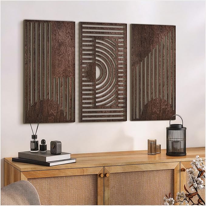 VIYYIEA Boho Solid Wood Carved Wall Art Set of 3, Geometric Minimalist Wooden