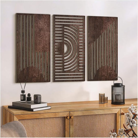 VIYYIEA Boho Solid Wood Carved Wall Art Set of 3, Geometric Minimalist Wooden