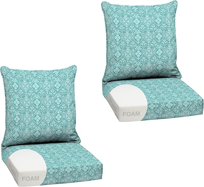Arden Outdoor Foam Deep Seat Cushion Set (2-Pack), 24x24, Premium High-Density Foam, Never Flattens, Weather-Proof for Patio Chair Sofa Couch, Turquoise Daphne Medallion