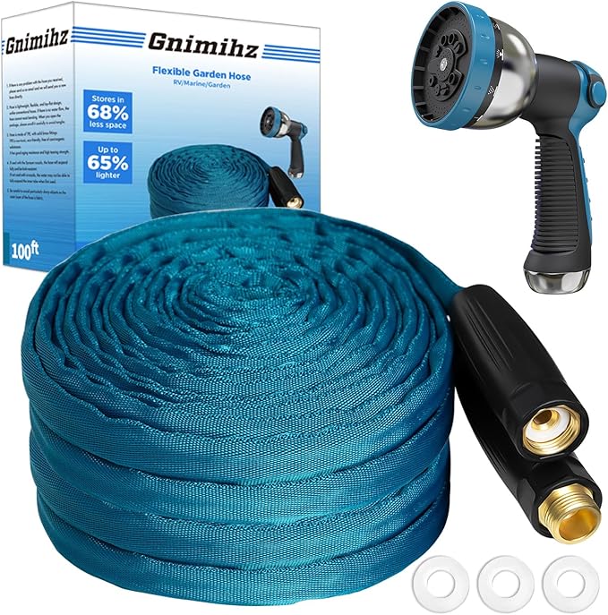 Garden Hose 100ft, Made of TPE(Not PVC), Ultra-Light & Flexible Water Hose with Solid Brass Fittings, Non-Shrinking, Easy to Storage, Drinking Water Safe Material, All-weather, SeaBlue