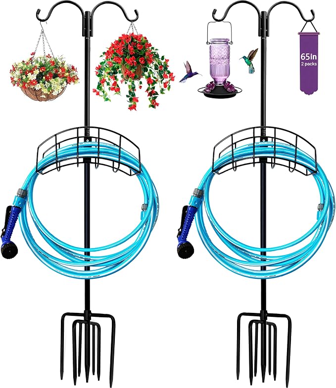 2-Pack Heavy Duty 7-Prong Garden Hose Holder with Dual Hooks | Freestanding Heavy Duty Garden Hose Stand,150FT Capacity Outdoor Yard Organizer for Bird Feeder and Plant Hanging