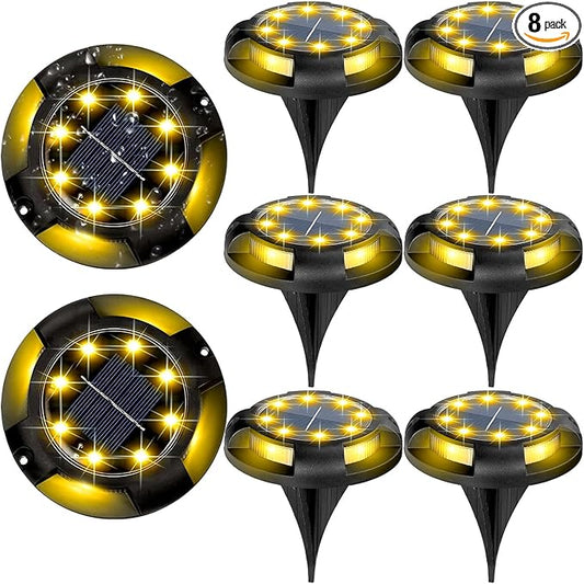 Solar Ground Lights Outdoor Waterproof, 8 Pack 12 LEDs Solar Garden Disk Lights Landscape Lighting for Outside Pathway Deck Yard Patio Lawn Driveway Walkway Deco (Warm Lights)