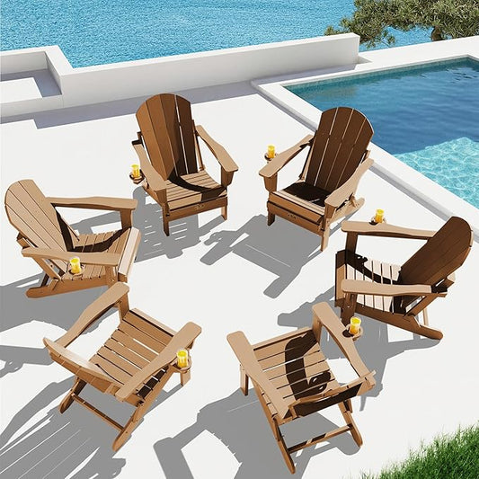 SERWALL Folding Adirondack Chair Set of 6, Wooden Textured Lawn Chair with Cup Holder for Patio Garden Weather Resistant Outdoors Fire Pit Chairs- Brown
