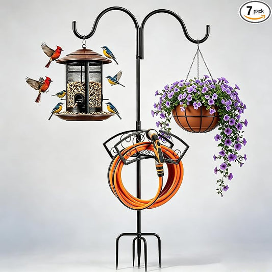 78" Heavy Duty Freestanding Garden Hose Holder, Supports 30lb & 150ft Water Hose Stand with Hose Reel, 5 Ground Spikes & 2 Shepherd Hooks, for Hose Storage, Hanging Bird Feeders, Planters