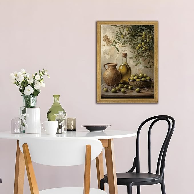 Wood Framed Olive Kitchen Wall Art, Vintage Rustic Still Life Canvas Print