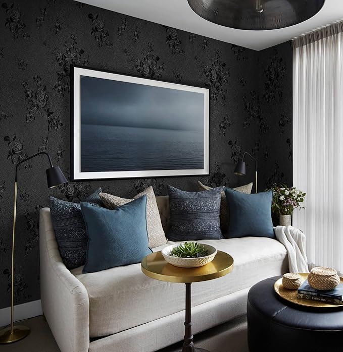 Erfoni Black Peel and Stick Wallpaper Black Floral Embossed Contact Paper