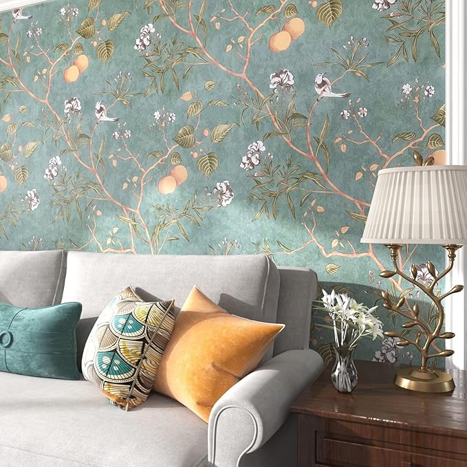 Laatse Green Floral Wallpaper Peel and Stick Bird Wallpaper 17.5" x 393"