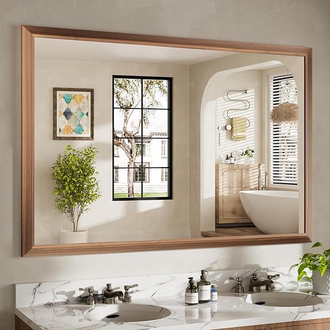 60x40 Inch Bathroom Mirror for Wall, Anti-Rust Walnut Wood Grain Metal Framed