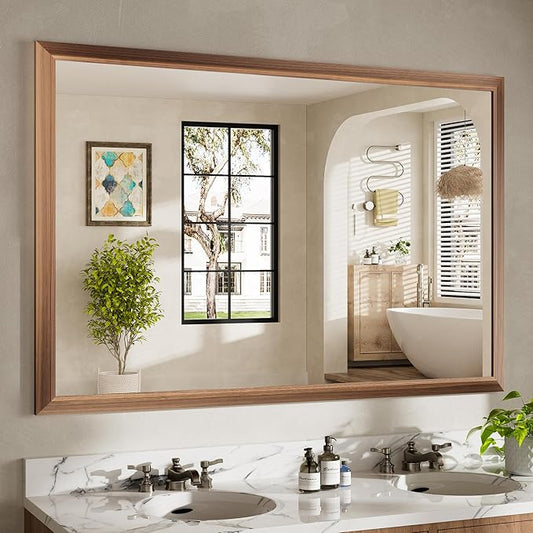 60x40 Inch Bathroom Mirror for Wall, Anti-Rust Walnut Wood Grain Metal Framed