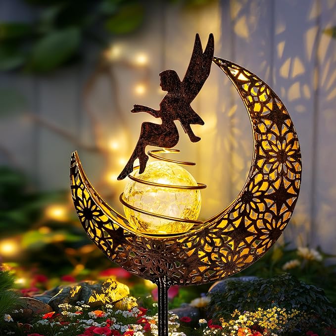 Fairy Moon Solar Lights Outdoor Garden Stakes, Waterproof Metal Decor Gifts for Women Mom, Art Moon Sculpture for Yard, Patio, Garden, Porch, 1 Pack