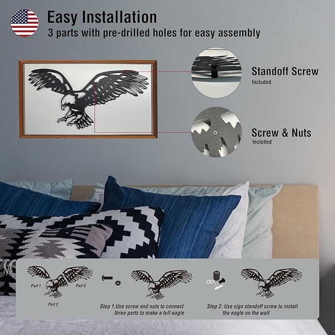 Bald Eagle Metal Wall Art – Black Patriotic Eagle Decor, Metal Wall Hanging for Indoor Outdoor Home, Garage, Man Cave, Rustic Wildlife Gift for Men