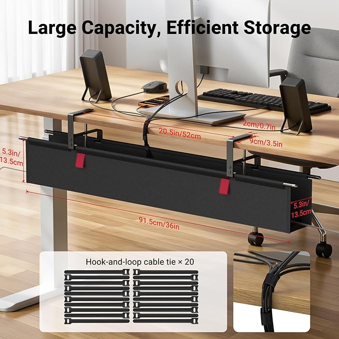 Housolution Under Desk Cable Management Tray, 36'' Longer Cord Management Under Desk, Premium Fabric Cable Storage Organizer, No Drilling Clamp/Screw Mount Cord Organization Tray for Office Home