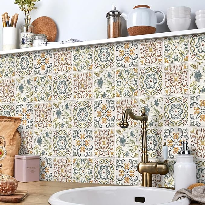 Wudnaye Bohemian Wallpaper Peel and Stick Faux Tile Contact Paper 17”×393” Tile