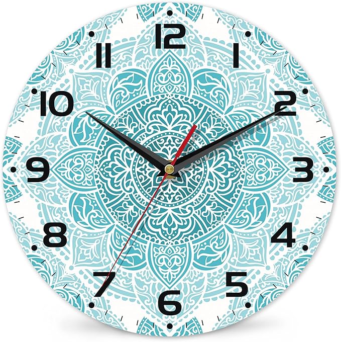 Teal Mandala Flower Wall Clock, Silent Non-Ticking, Battery Operated, Wooden