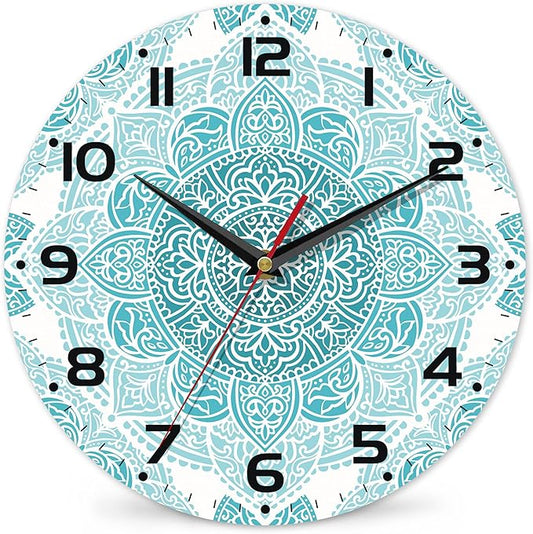 Teal Mandala Flower Wall Clock, Silent Non-Ticking, Battery Operated, Wooden