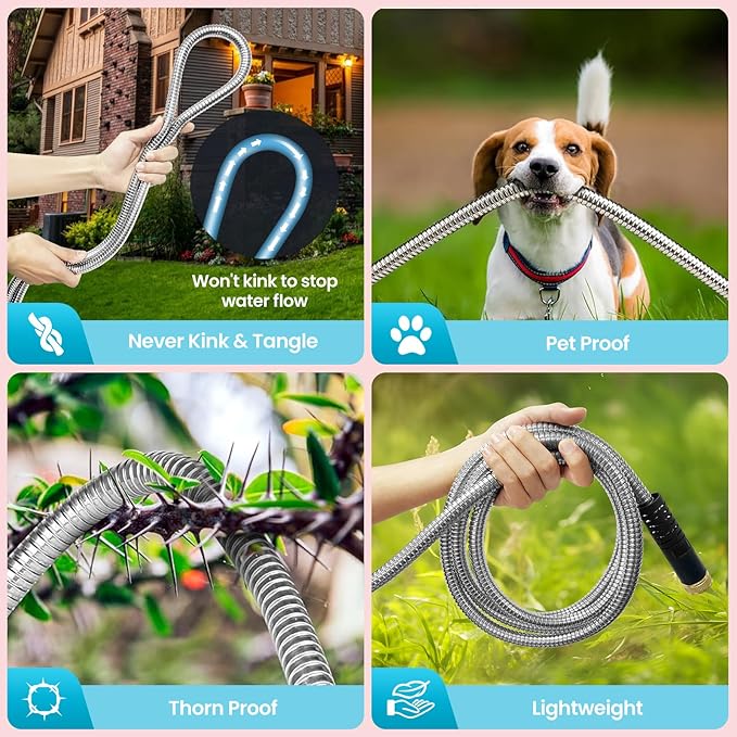 Garden Hose 50FT, Water Hose with 10 Function Nozzle, Garden Hose Metal with Leak-proof Connectors, No-Kink, Lightweight, Puncture-proof, Pet-proof, Sturdy, Hose for Outdoor, Yard