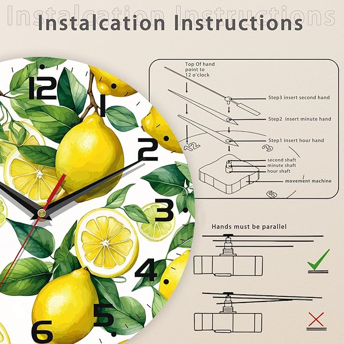 Wall Clock, Watercolor Lemon Wall Clock Silent Non-Ticking Battery Operated