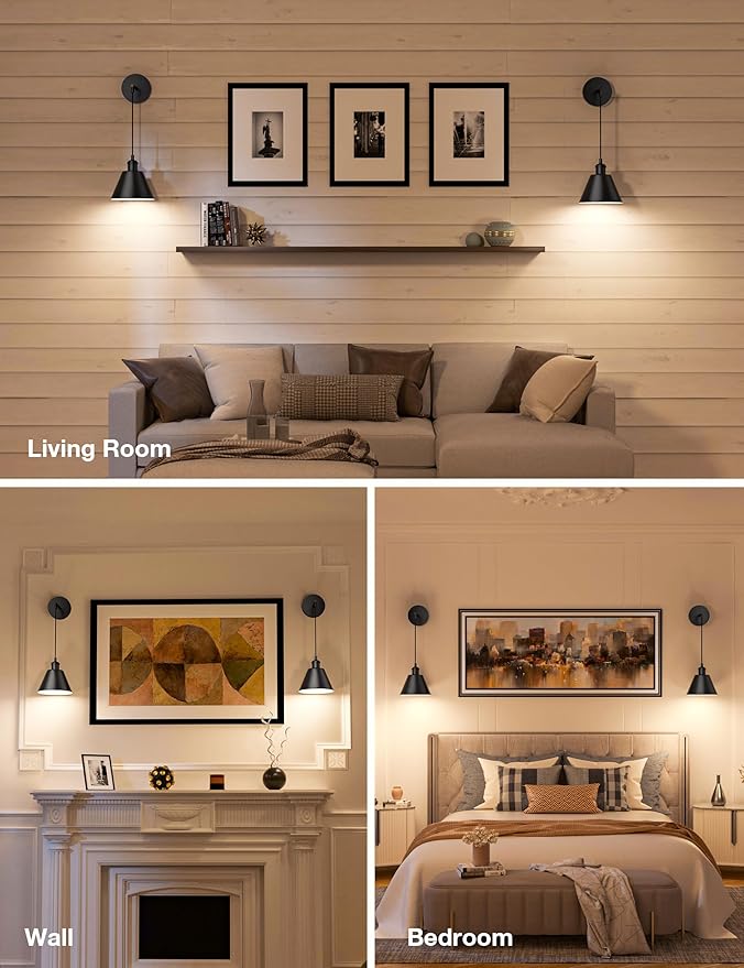 NIORSUN Matte Black Battery Operated Wall Sconce Set of 2, 5200mAh Dimmable