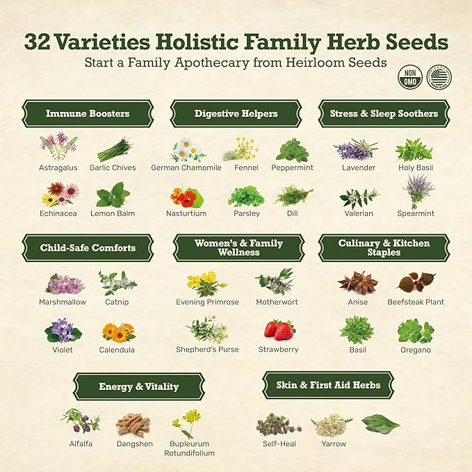 Lush&Dew Holistic Family Apothecary Seed Chest, 30,000+ Medicinal Herb Survival Seed Kit, Gardening Gifts for Women Men, 32 Varieties Heirloom Non-GMO Culinary Herb Seeds for Raised Bed Windowsill