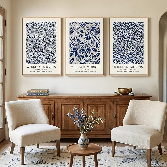 Large Framed Blue William Morris Wall Art Set of 3, Vintage Botanical Floral