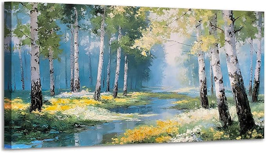 Ardemy Birch Forest Stream Canvas Wall Art, Calming Nature Scenery