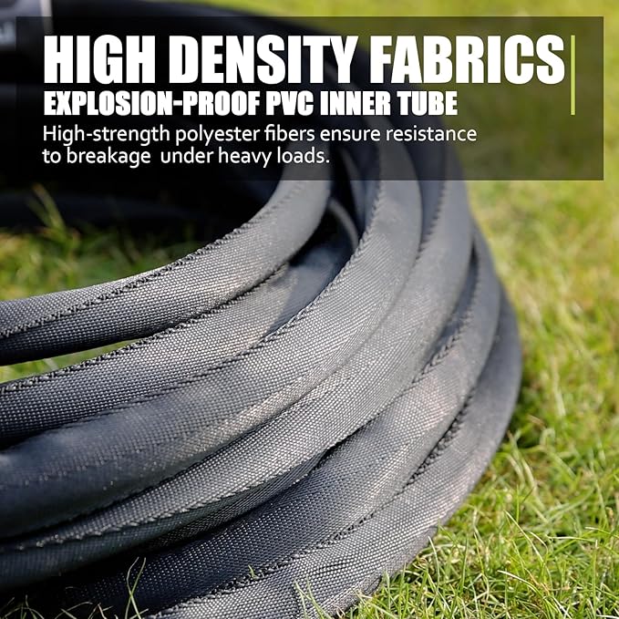 Non-Expandable Garden Hose 50feet, with 10 Function Hose Nozzle, Tough & Flexible, Lightweight, Crush Resistant Fittings, Kink & Tangle Free, Rust Proof（Black）