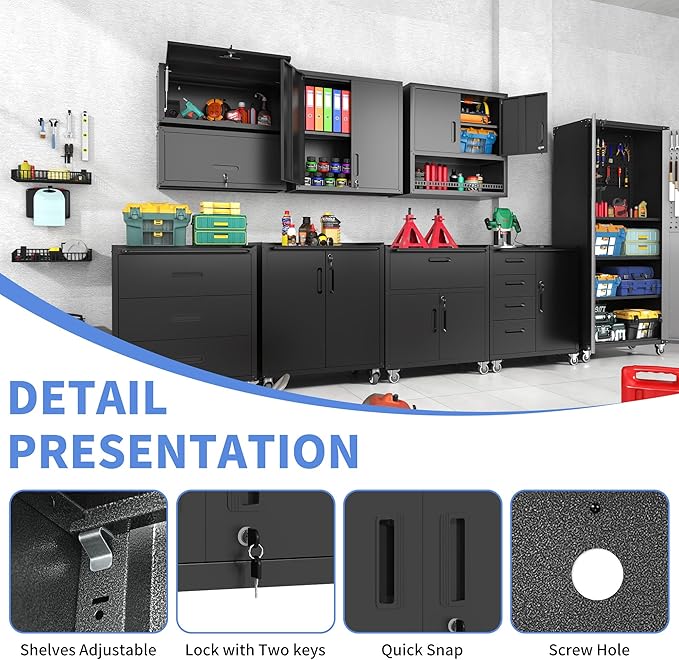 Garage Wall Cabinet with Doors and Shelves, Metal Wall Mounted Storage Cabinet