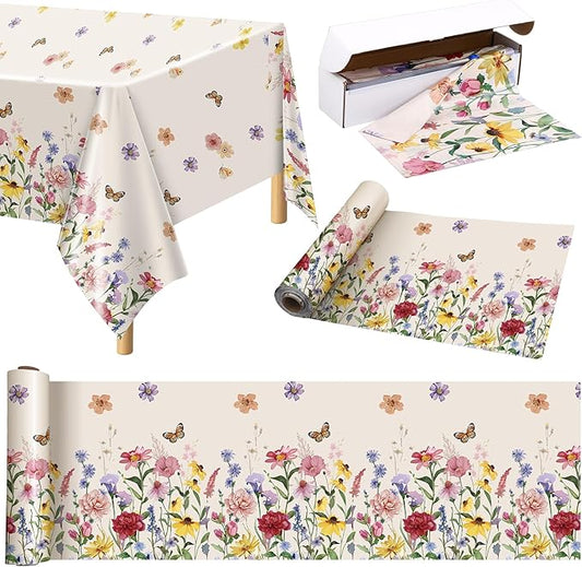 Kochorie 100 Ft x 54 Inch Spring Floral Tablecloth Roll Plastic Flower