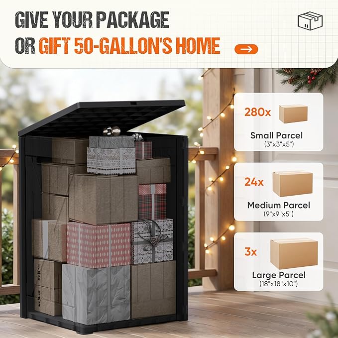 Flamaker 50 Gallon Deck Box, Package Delivery Box for Outside, Outdoor Package Drop Container for Gifts, Waterproof Plastic Storage Container with Lockable Secure for Porch (Black)