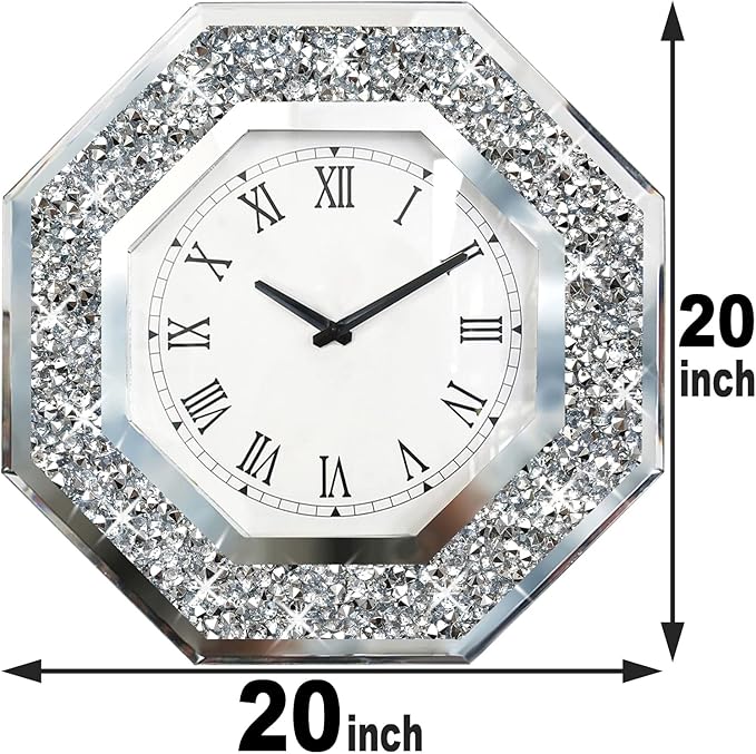 Wall Clock, Octagon Mirror Glass Clock, Cute Diamond 20-inch Non-Ticking Clock