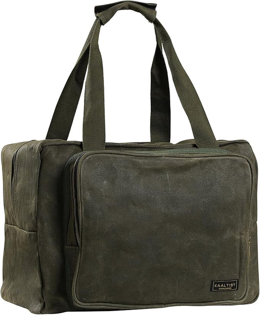 Tool Tote | Heavy Duty 16oz Waxed Canvas Tool Storage Bag - Portable 3 Pockets Tote Bag with Padded Handle& Metal Zipper, for Craftsman Gardener Carpenter Mechanic | 15.5"L x 7.5"W x 11.5"H