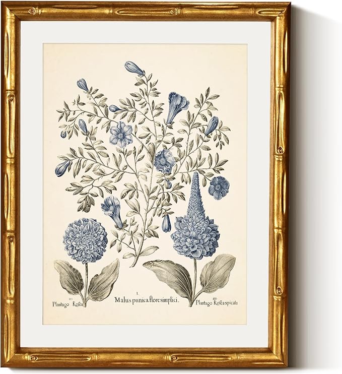 InSimSea Gold Bamboo Framed Canvas Wall Art, Retro Blue Hydrangea Botanical